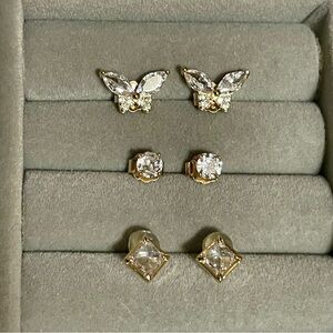 Gold Plated 925 Sterling Silver CZ Butterfly Studs Earring Set